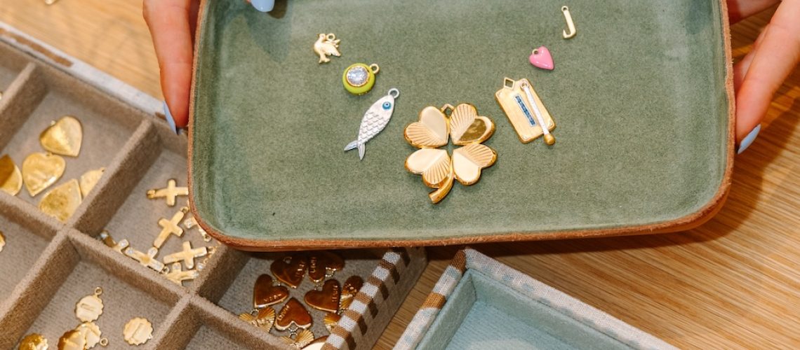 Custom charm trays, large luck and love clover charm, silver fish charm, carpe diem charm, small matchstick charm, chartreuse enamel bezel charm, pink enamel heart charm
